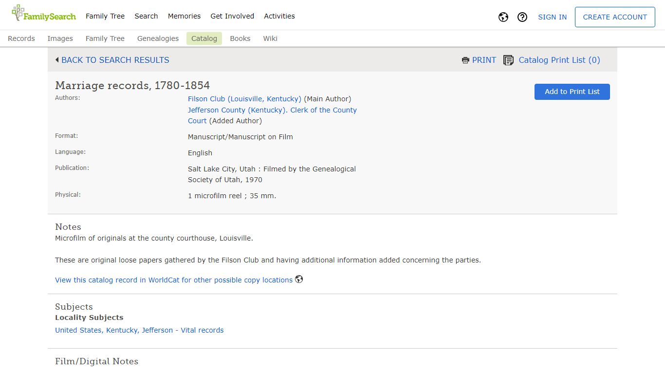 FamilySearch Catalog: Marriage records, 1780-1854 ...